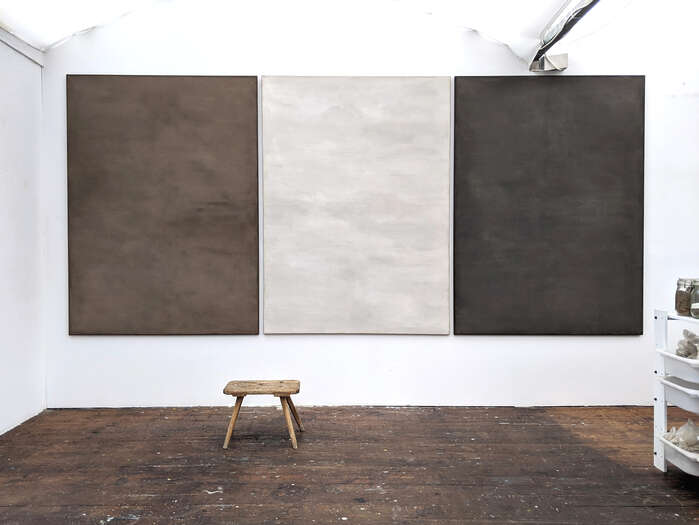Time and Space 3, 4 & 5 | 2020 | soil from Bavaria, Germany with acrylic on cotton | ea. 165 x 120 cm Time and Space 3, 4 & 5 | 2020 | soil from Bavaria, Germany with acrylic on cotton | ea. 165 x 120 cm
