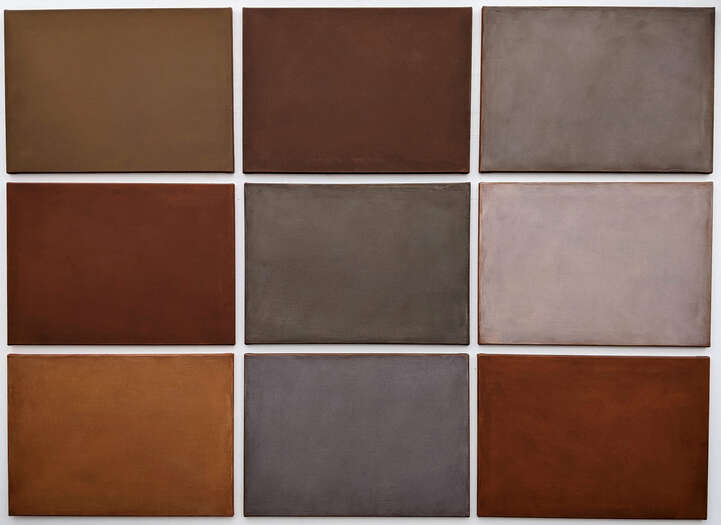 Again and Again (9 pieces) | 2023 |soils from Germany, Greece, Italy & the USA with acrylic on cotton| ea. 50 x 70 cm Again and Again (9 pieces) | 2023 |soils from Germany, Greece, Italy & the USA with acrylic on cotton| ea. 50 x 70 cm