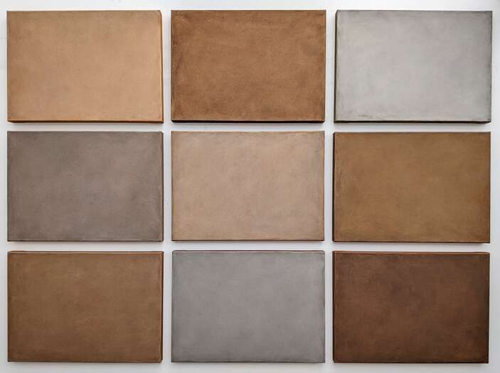 Earth United (9- pieces) | 2023 | soils from Germany, Greece, Italy, UAE, Oman & USA |with acrylic on cotton | 160 x 220 x 4.5 cm Earth United (9- pieces) | 2023 | soils from Germany, Greece, Italy, UAE, Oman & USA |with acrylic on cotton | 160 x 220 x 4.5 cm